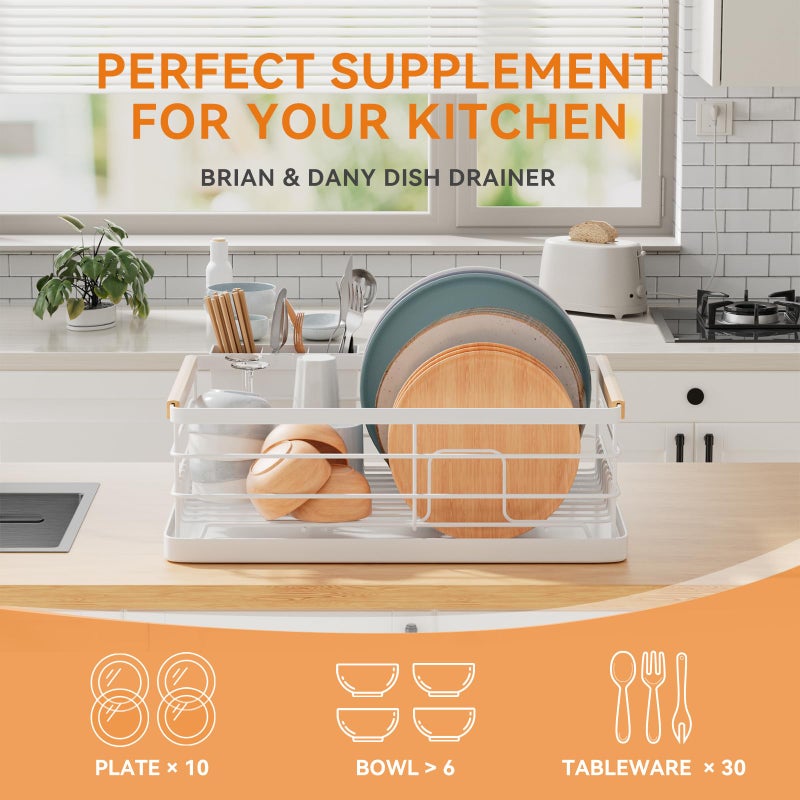 BRIAN & DANY Dish Drying Rack, Dish Racks for Kitchen Counter, Stainless Steel Dish Drainer with Removable Cutlery Holder & Drainboard, White - Image 3